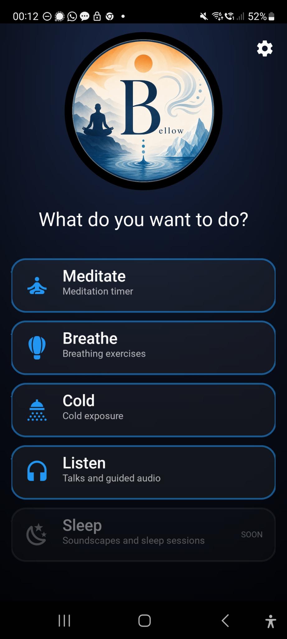 Bellow home screen with meditation, breathing and listening options